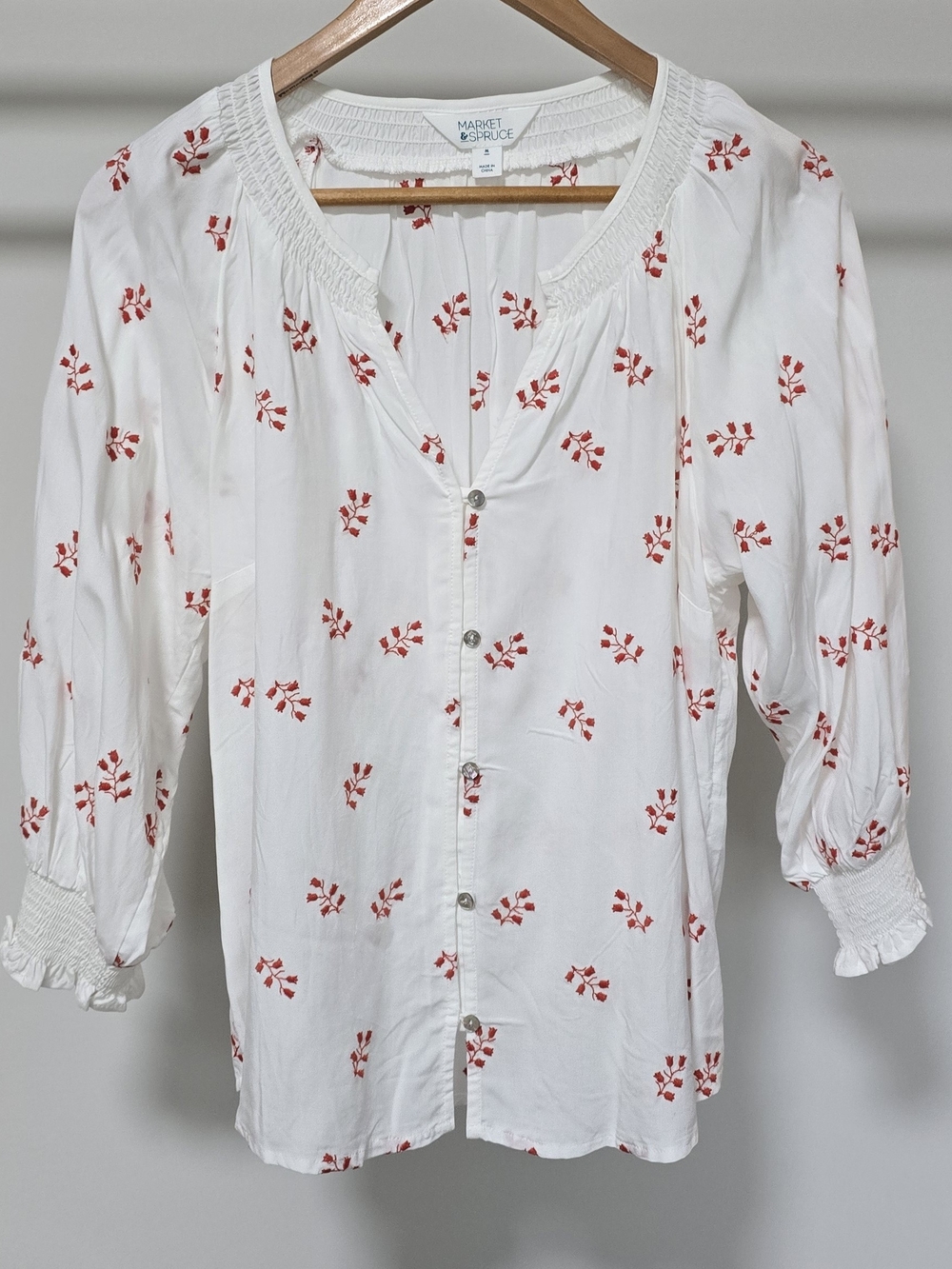 Market & Spruce White Button-Front Blouse with Red Floral Motif